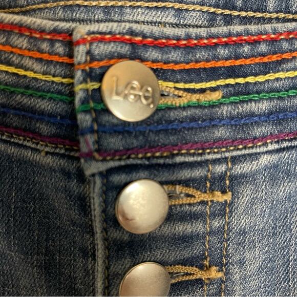 Lee Rainbow Striped Y2K Kick Flare Button Fly Blue Ankle Jeans Size 12 - Picture 9 of 9